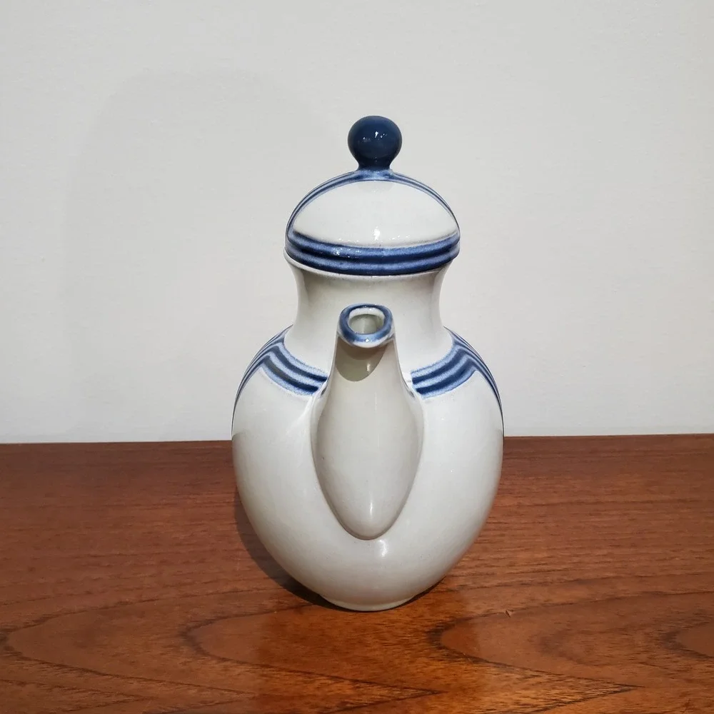 German Steingutzes Gutezeichen Ceramic Coffee Pot Blue and White Mid Century